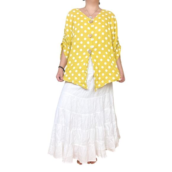 Tera Bora Linen Polka Dot Yellow Blouse Womens 4XL Cottage Twee Mature Vintage - Picture 1 of 7